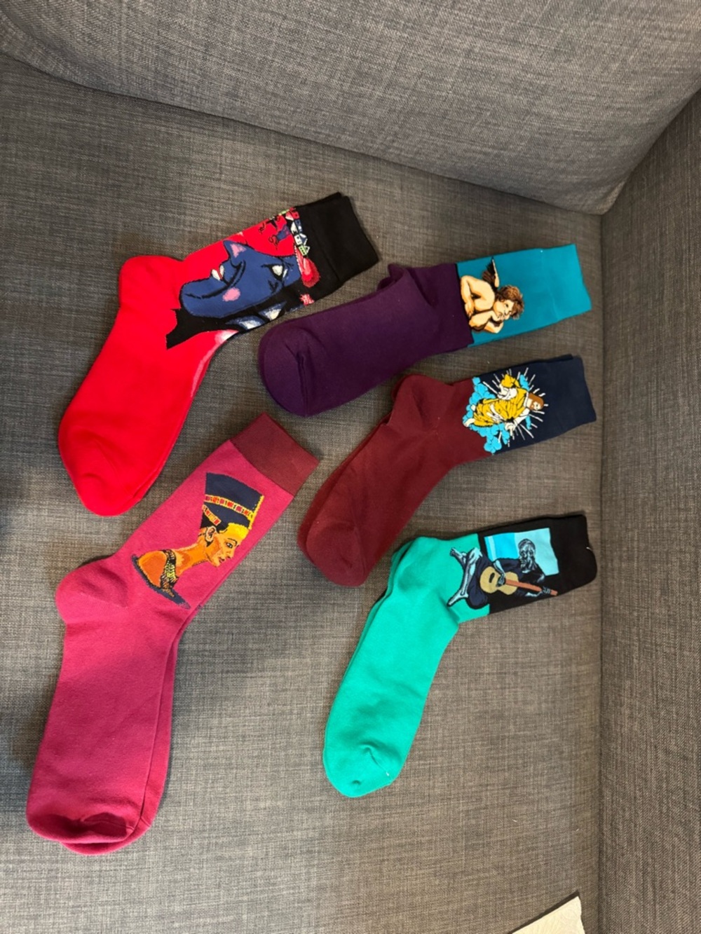 6 pairs Colorful Unisex Graphic Crew Socks - Red, Purple, Teal, Pink, Maroon